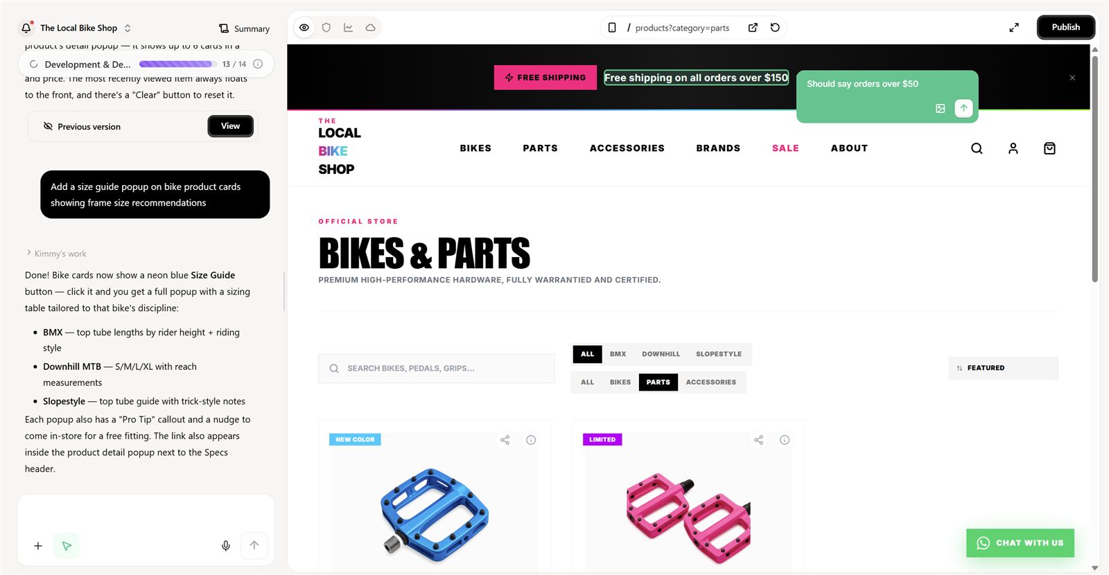 Bike shop parts and ecommerce page mockup